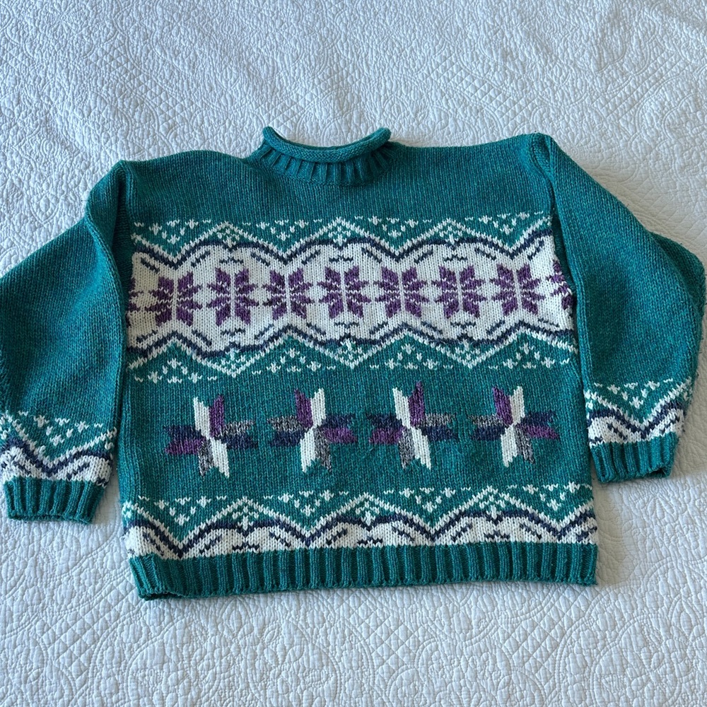 Vintage Gina Peters Teal and Purple Patterned Women's Sweater sz large